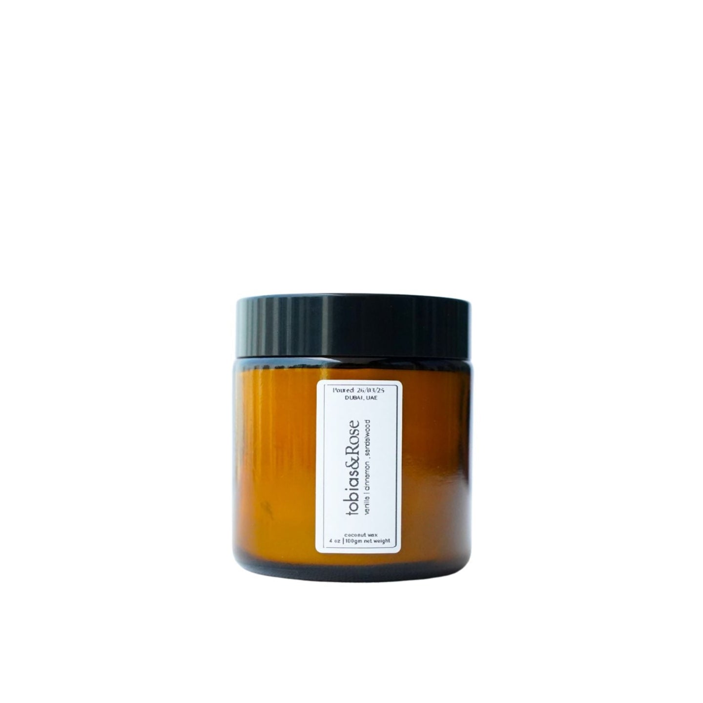 High-end cinnamon vanilla candle in minimalist packaging, crafted from coconut wax