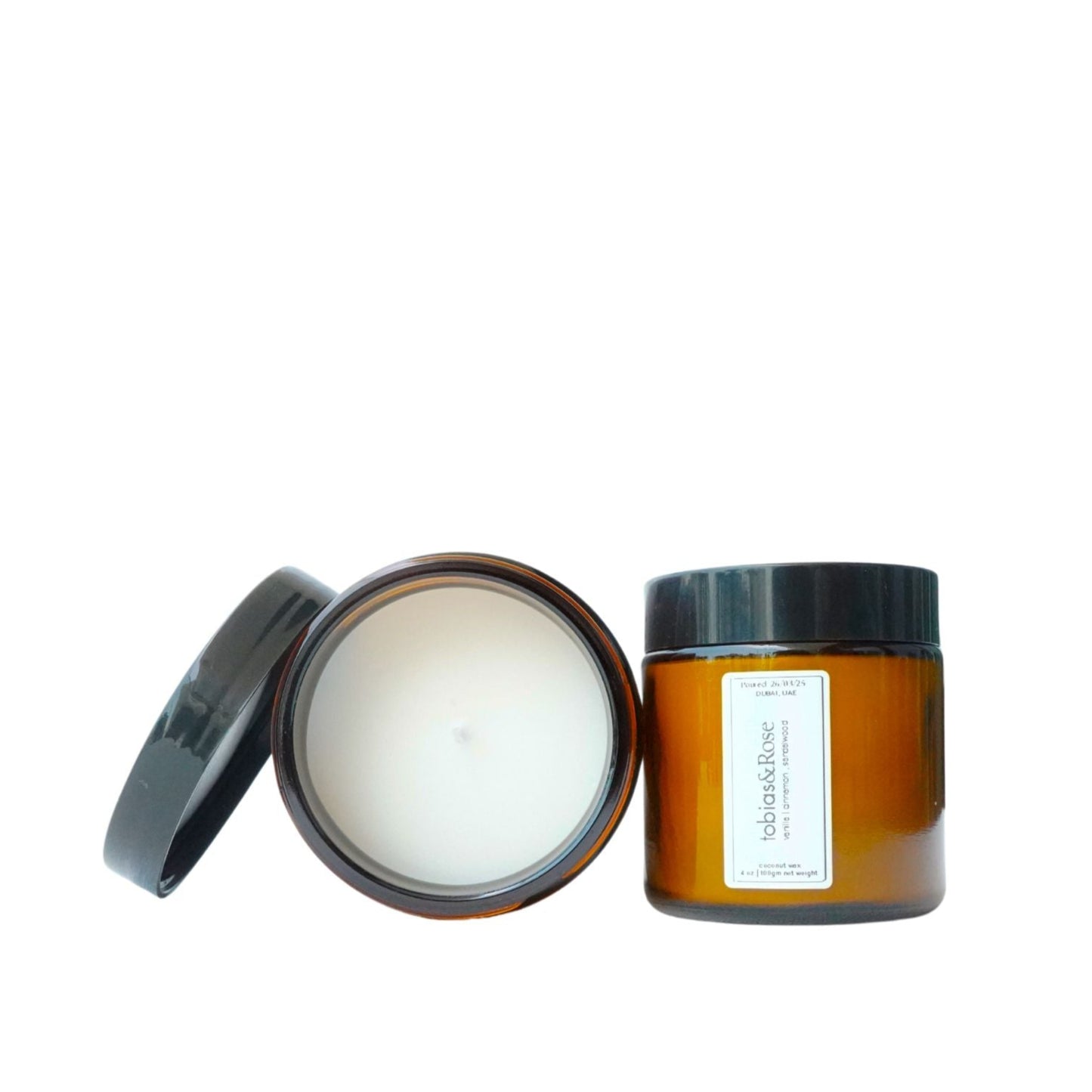 High-end cinnamon vanilla candle in minimalist packaging, crafted from coconut wax